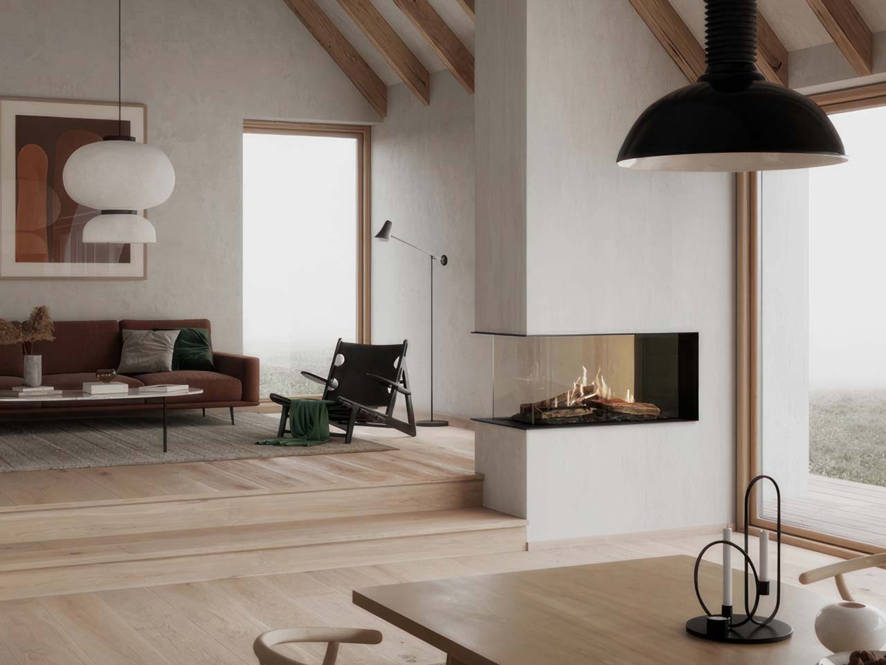 Individueller Gaskamin, dreiseitig im eleganten und zeitlosen Stil