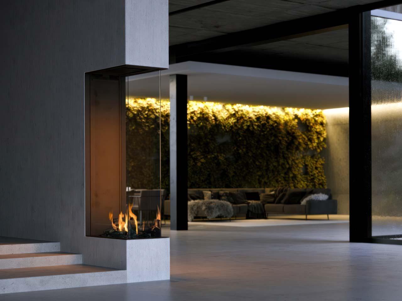 Moderner Gaskamin mit Element4 Einsatz im architektonisch interessanten Hochformat als besonderes Highlight im Raum
